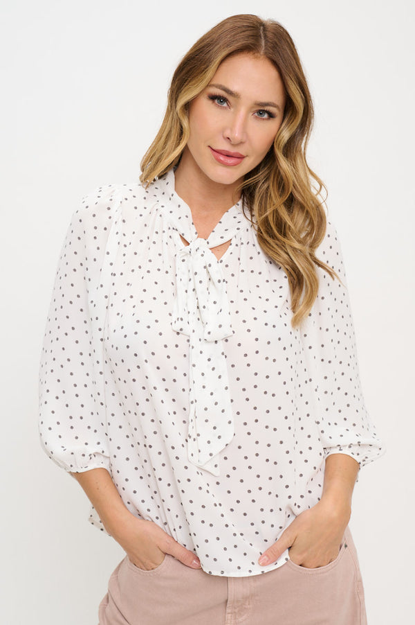 Polka Dot Semi Sheer Top with Neck Tie-0