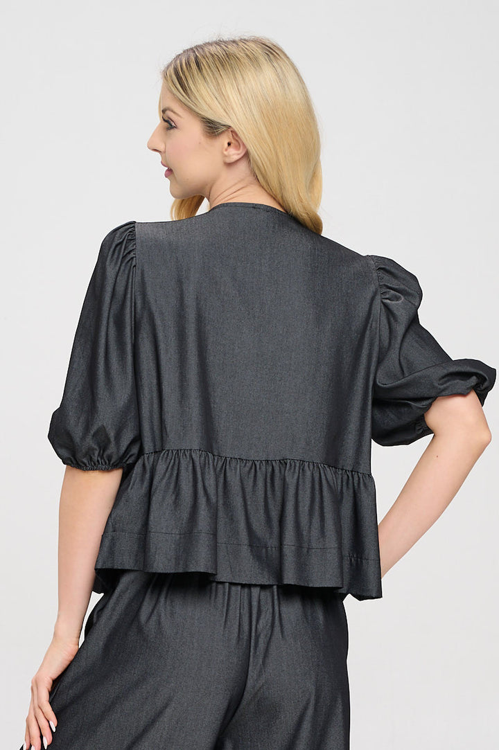 Denim Tencel Puff Sleeve Top with Front Bow Detail-3