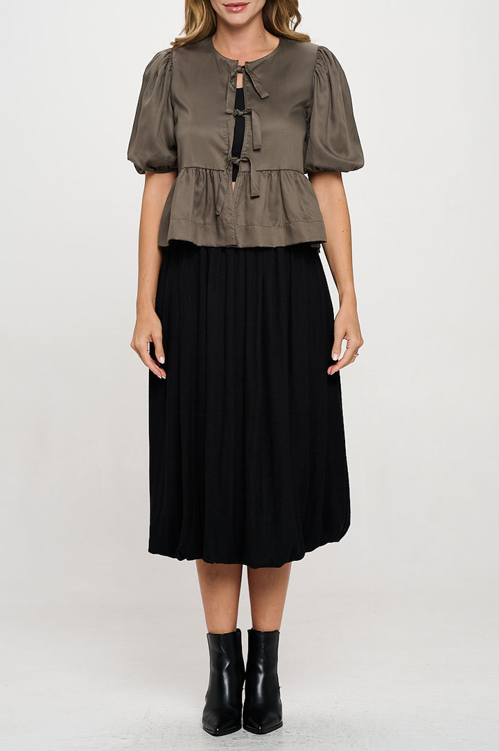 Tencel Puff Sleeve Top with Front Bow Detail-1
