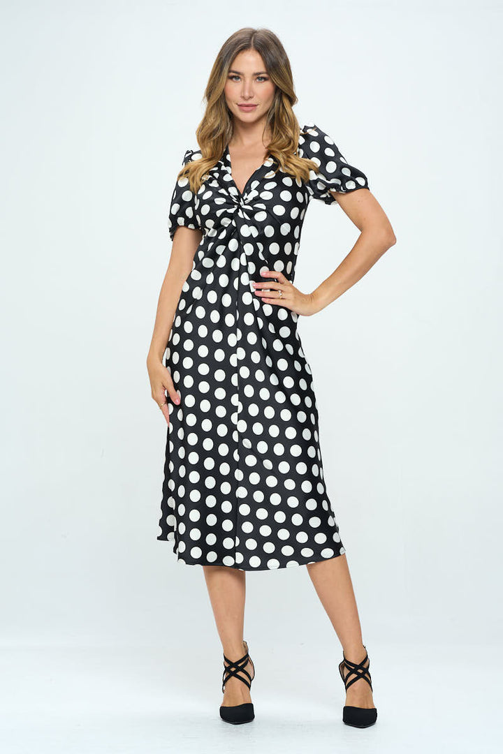 Stretch Satin Polka Dot Print Midi Dress-2