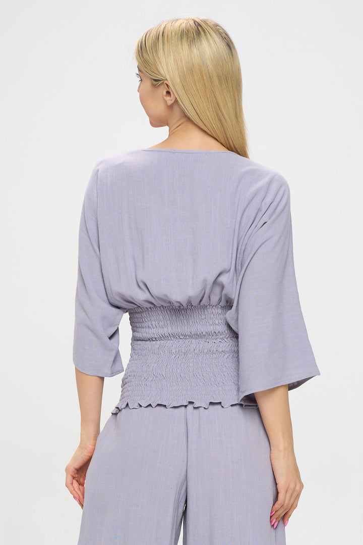 Linen V neck Smocked Dolman Sleeve Top-3