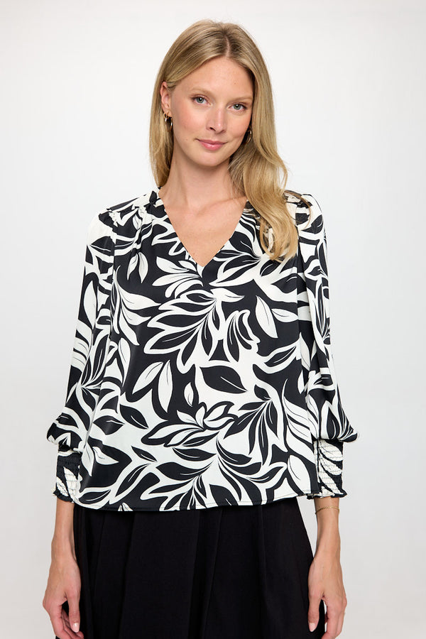 Satin Print V neck Top with Smock Cuffed Sleeve-0