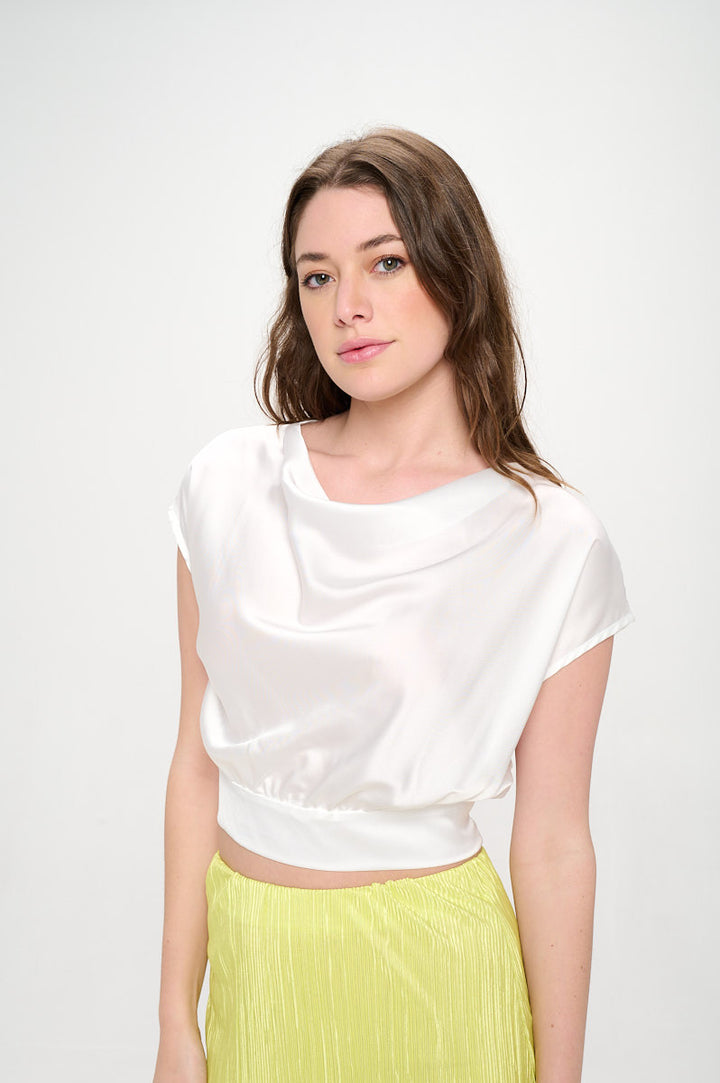 Satin Cowl Neck Short Sleeve Crop Top with Open Back Detail and Tie-2