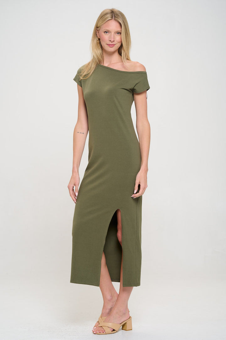 Solid Off the Shoulder Maxi Dress with Slit-3