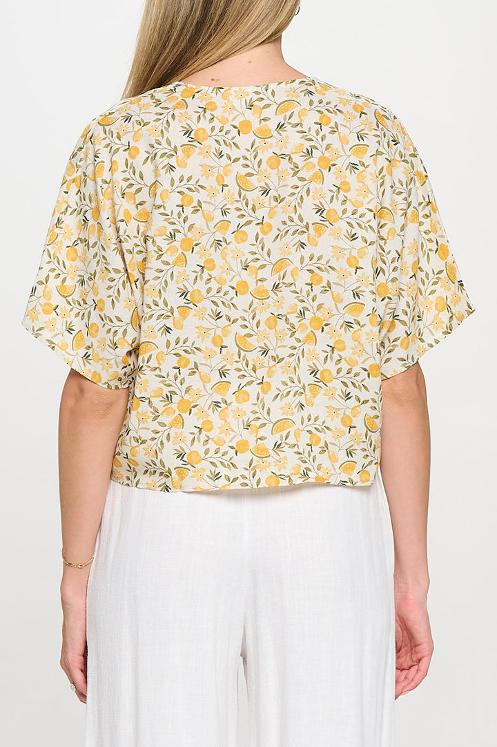 Linen Floral Print V neck Top with Front Tie-3