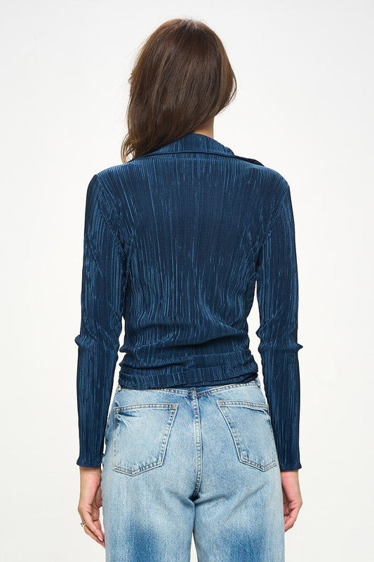 Plisse Solid Button Down Top with Collar-3