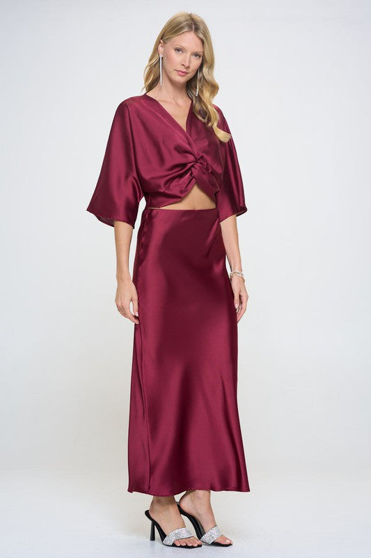 Satin Vibrant Short Sleeve Top with Front Twist-2