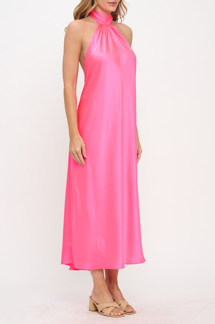 Solid Satin Halter neck Backless Midi Dress-2