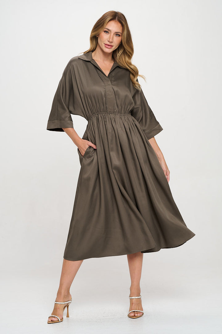 Tencel Collared V neck Midi Dress with Pockets-4