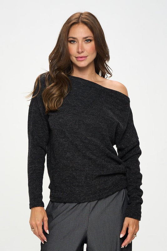 Charcoal ?Knit Off the Shoulder Top-0
