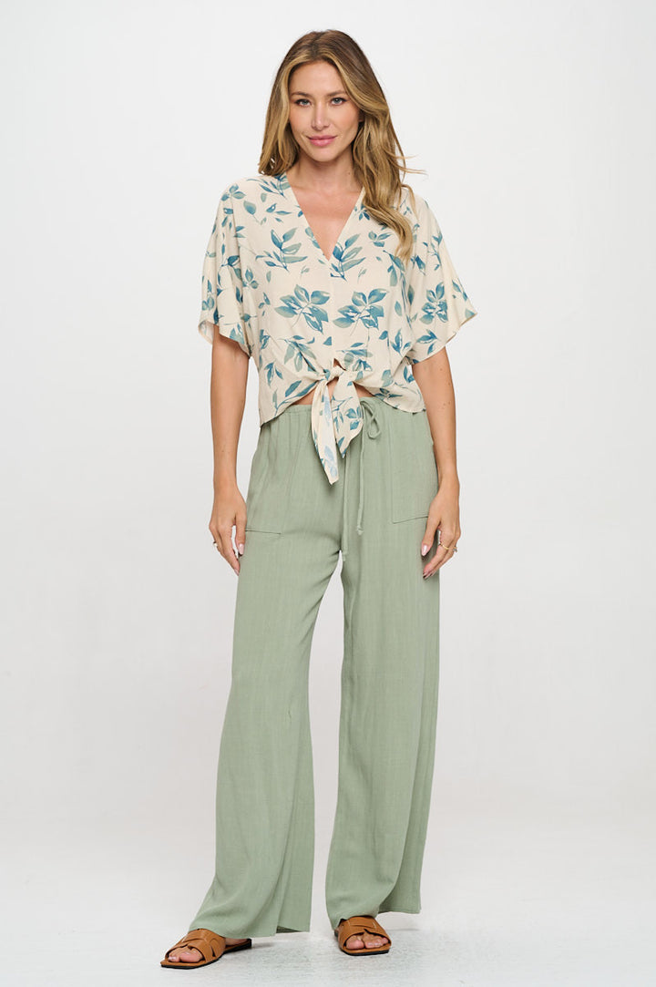 Linen Floral Print V neck Top with Front Tie-4