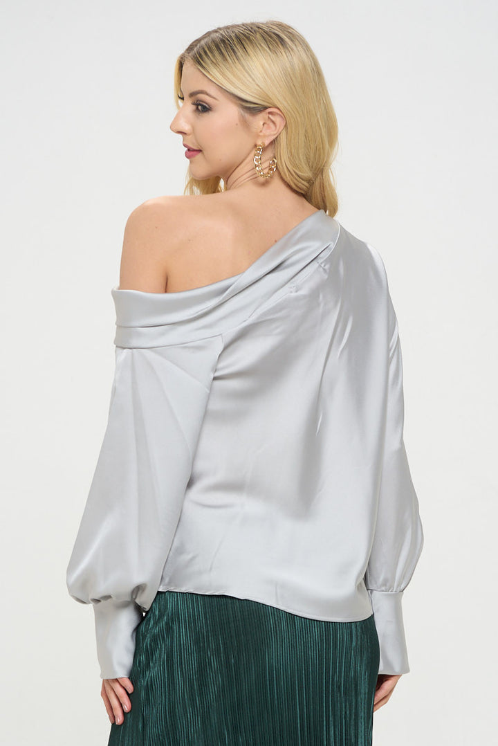 Dropped Shoulder Long Sleeve Satin Top-4