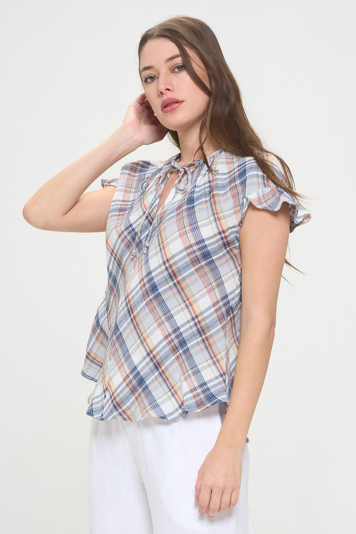 Plaid Short Sleeve V neck Top with Ruffle Sleeve and Tie-2