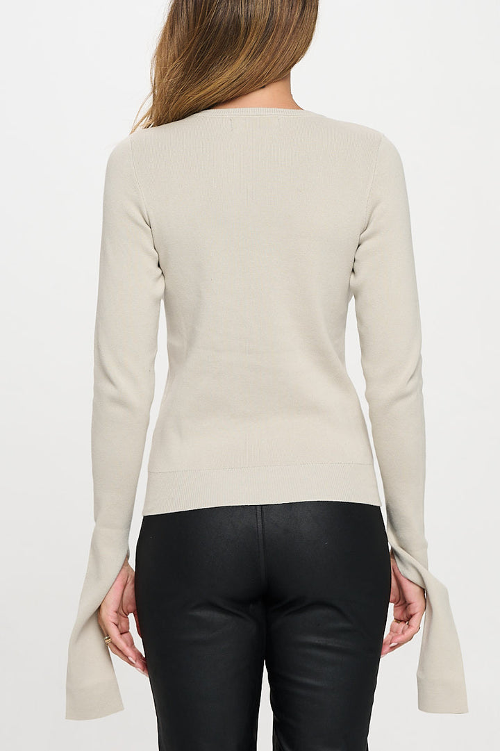Rib Knit Round neck Sweater with Open Long Sleeve-3