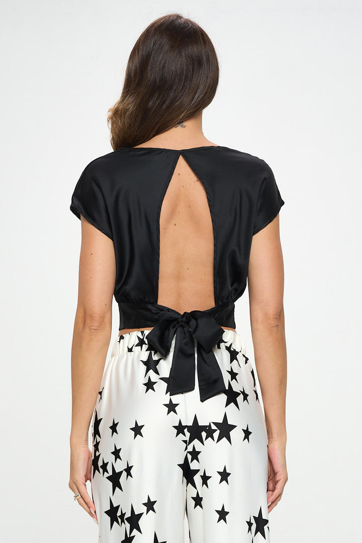 Satin Cowl Neck Short Sleeve Crop Top with Open Back Detail and Tie-4