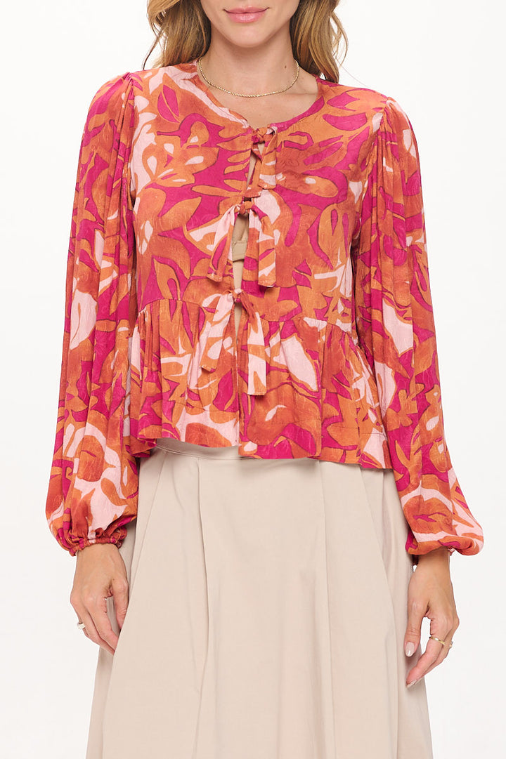 Leaf Print Long Puff Sleeve Top with Front Tie Detail-1