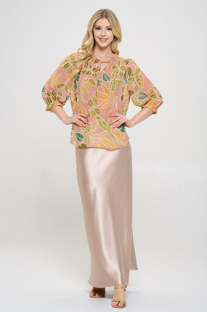 Semi Sheer Leaf Print 3/4 Sleeve Top with Tie-4