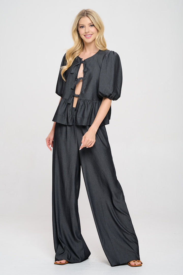 Denim Tencel Puff Sleeve Top with Front Bow Detail-4