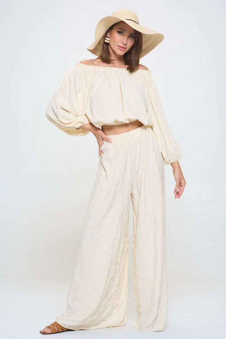 Textured Wide Leg Pants with Elastic Waistband-4
