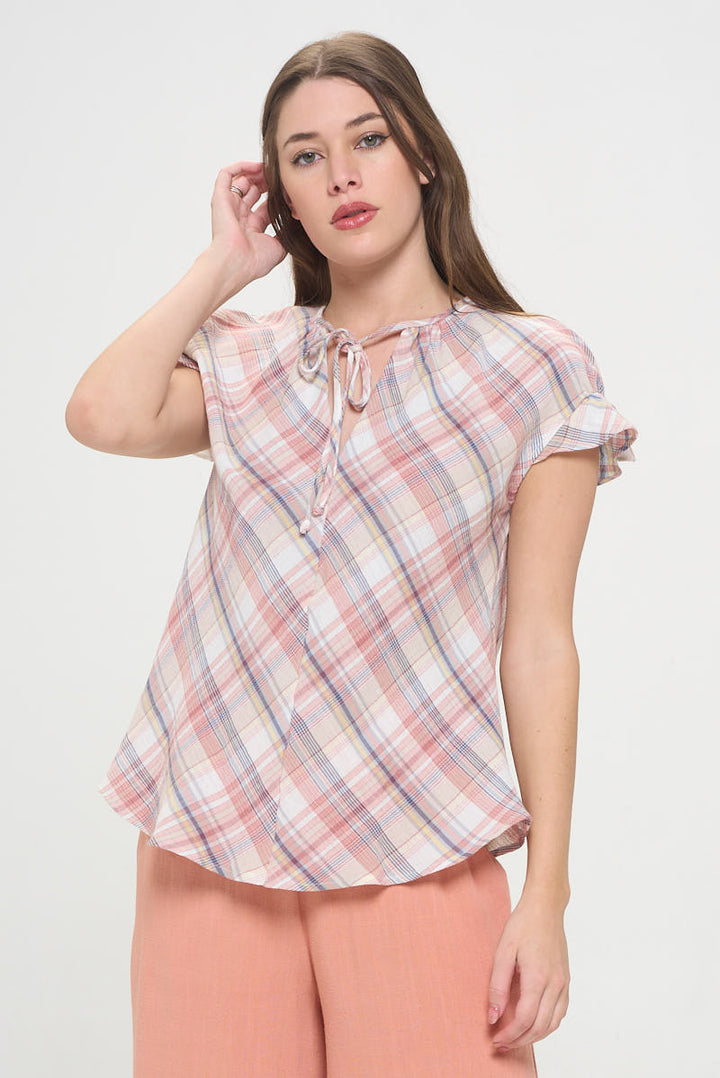 Plaid Short Sleeve V neck Top with Ruffle Sleeve and Tie-1