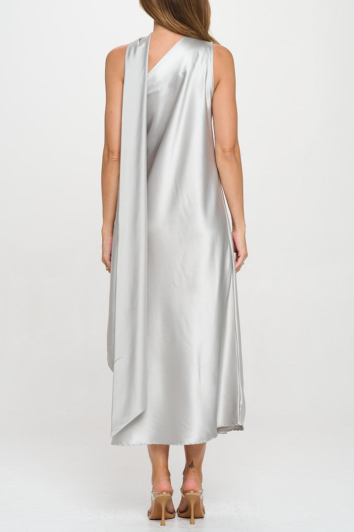 One Shoulder Satin Maxi Dress with Scarf Detail-3