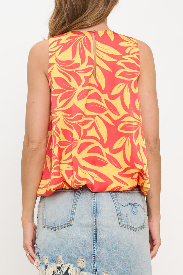 Satin Print Sleeveless Top with Bubble Hem and Back Keyhole-3