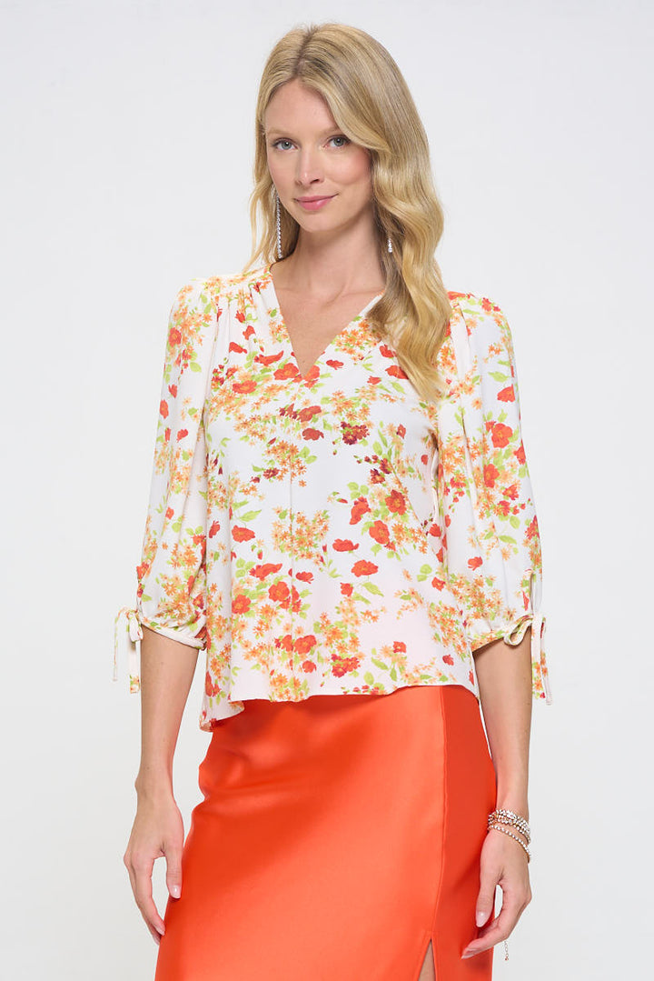 Flower Print V neck Top with Self Tie Sleeves-2