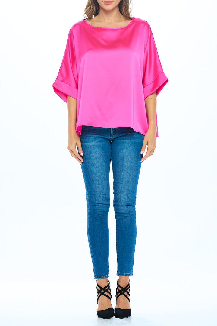Stretch Satin Solid Round neck Oversize Top-3