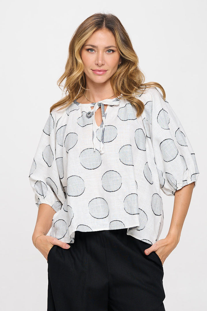 Polka Dot 3/4 Sleeve Top with Tie Sleeve-1