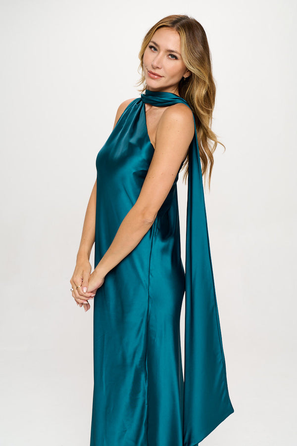 One Shoulder Satin Maxi Dress with Scarf Detail-0