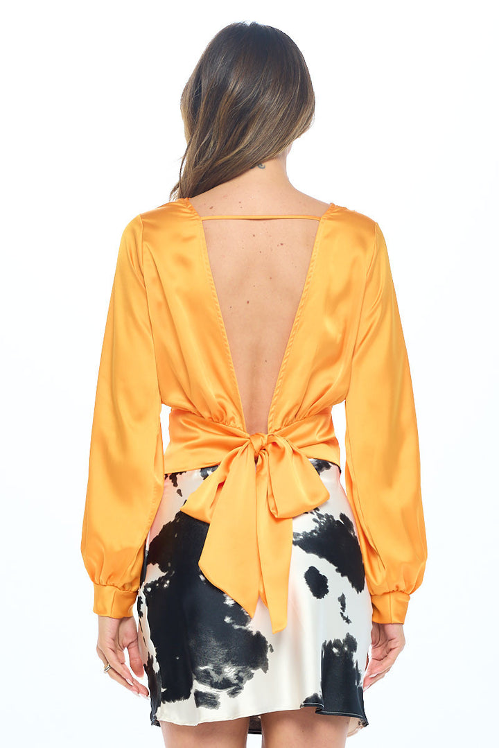 Stretch Satin Solid V neck Top with Open Back-2