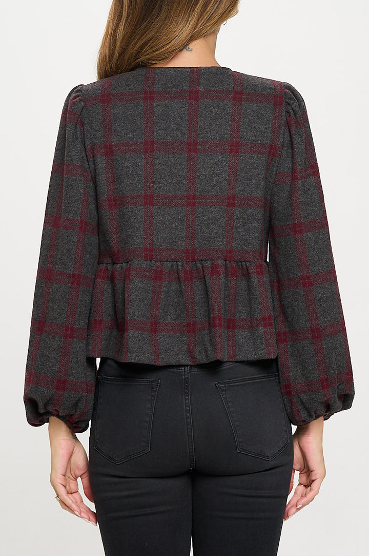 Plaid Long Puff Sleeve Top with Open Front Tie Detail-4