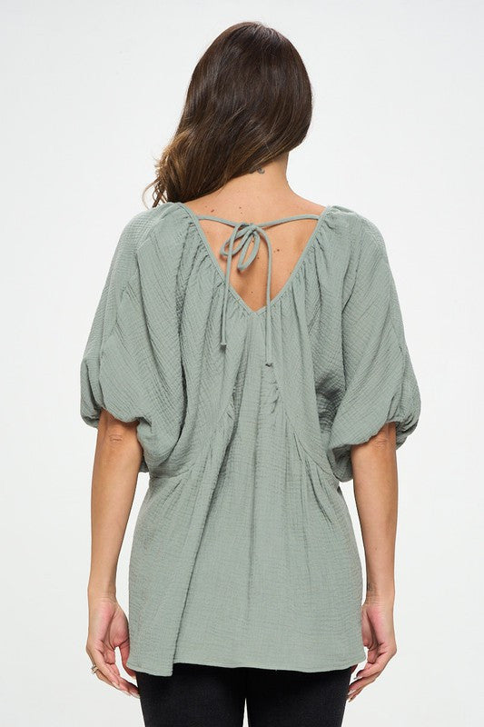 Cotton V neck Puff Sleeve Tunic Top-3