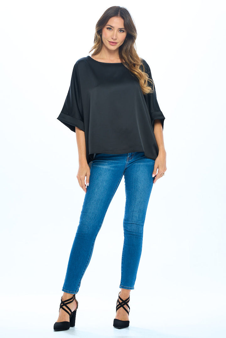 Stretch Satin Solid Round neck Oversize Top-5