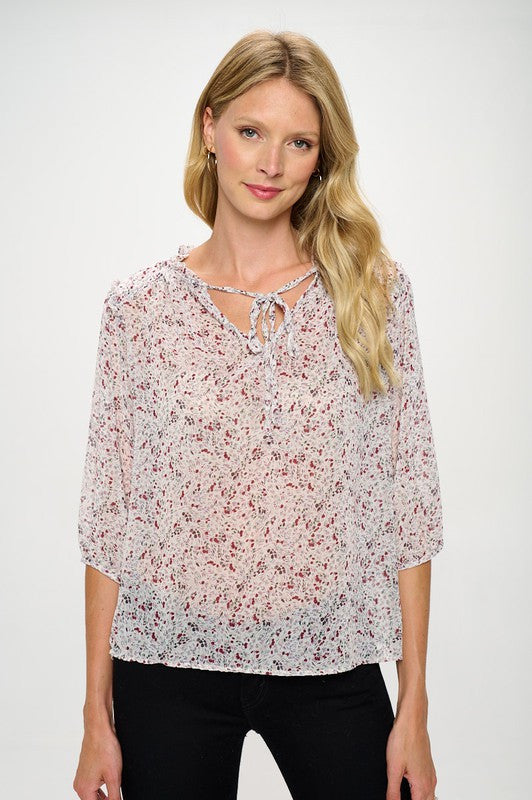 Floral Print Semi Sheer Top with Tie-0