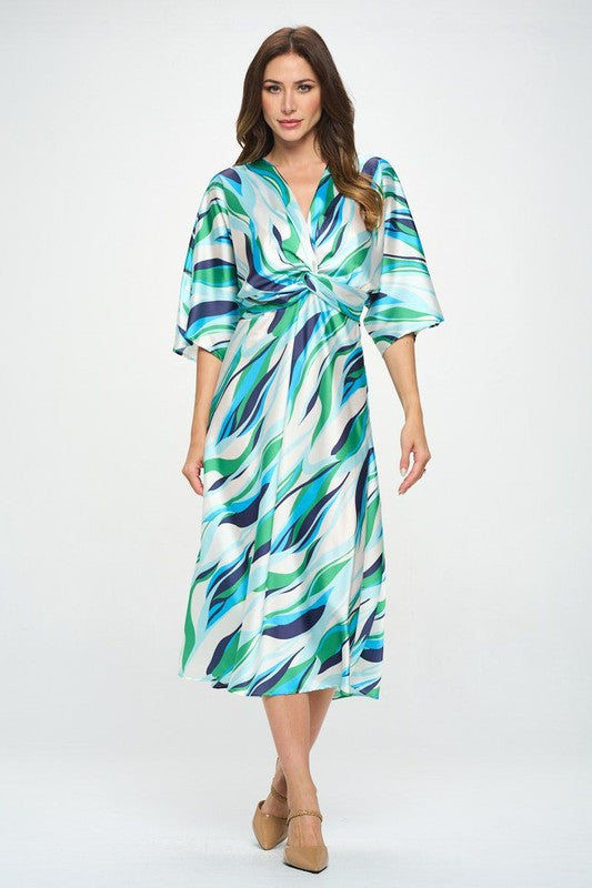 Satin Stretch Print Dress with Front Twist-1