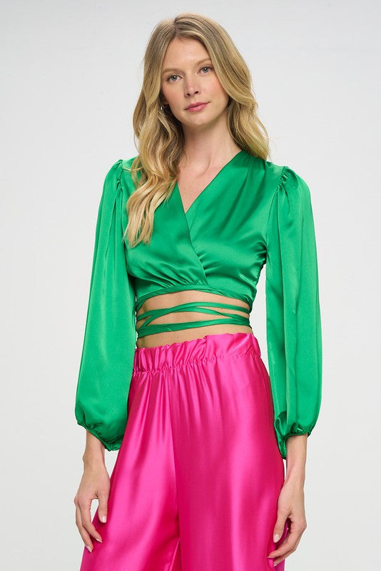Silky Satin Wrap Crop Top with Tie-1