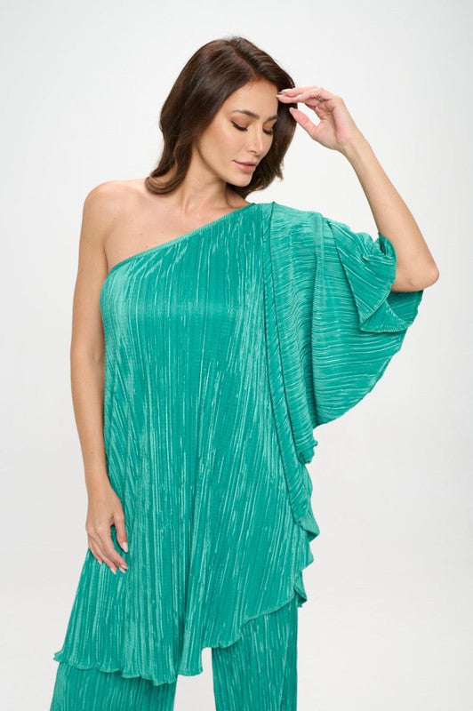 Plisse One Shoulder Draped Tunic Dress-0