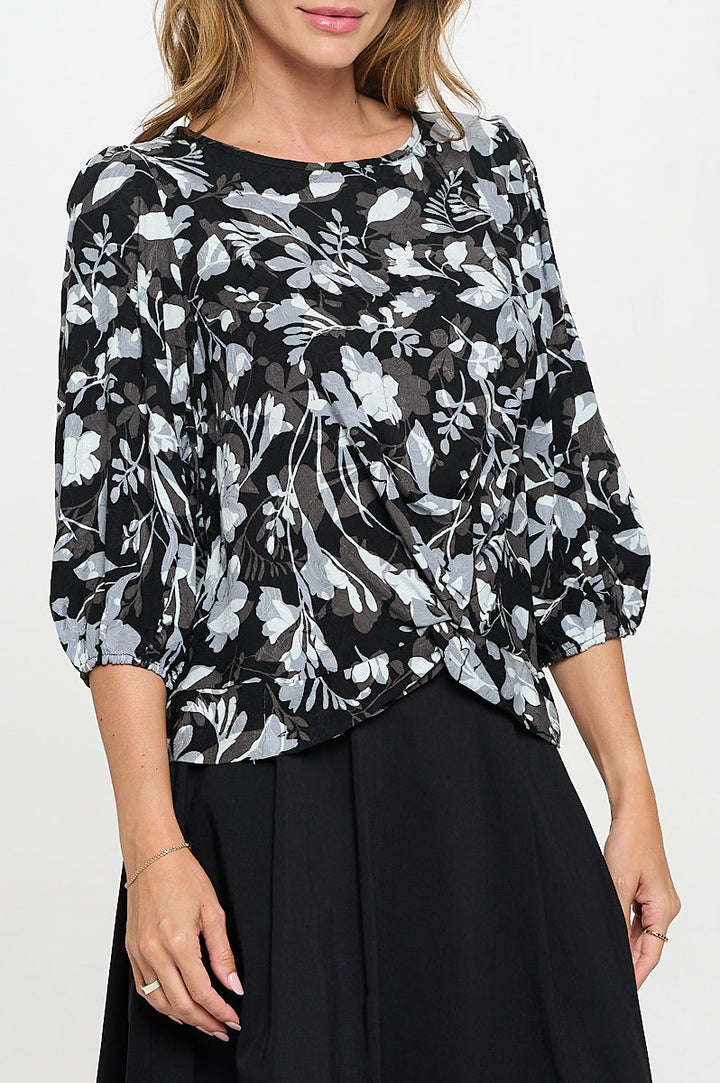 Floral Print 3/4 Sleeve Top with Front Twist-2