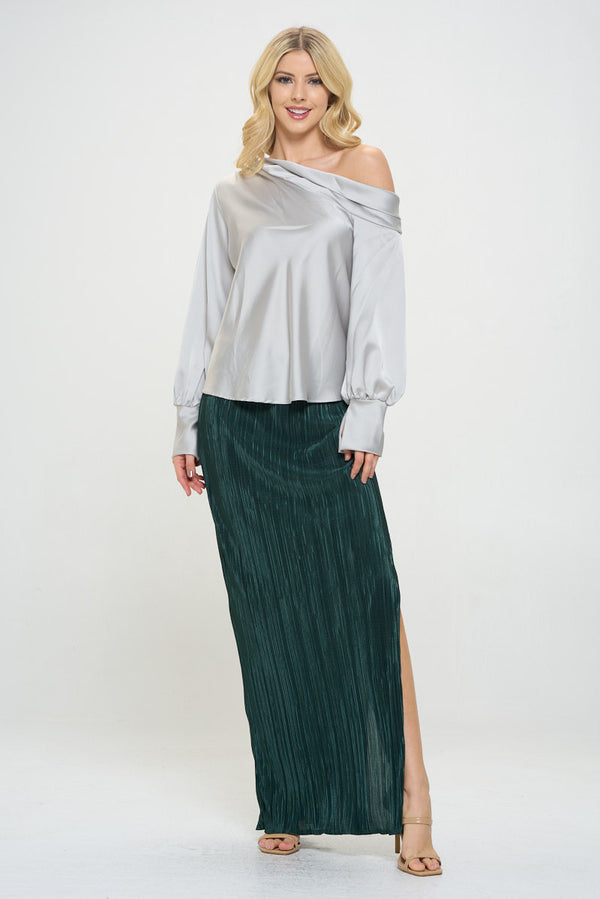Dropped Shoulder Long Sleeve Satin Top-5