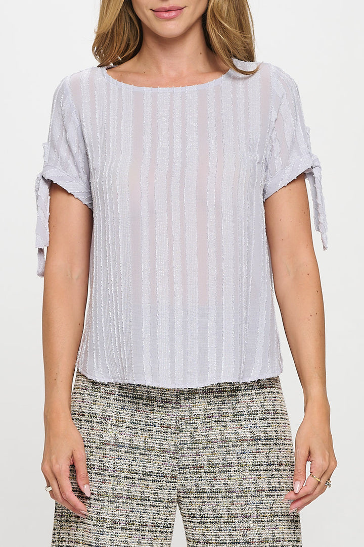 Textured Solid Short Sleeve Top with Tie Sleeve-1