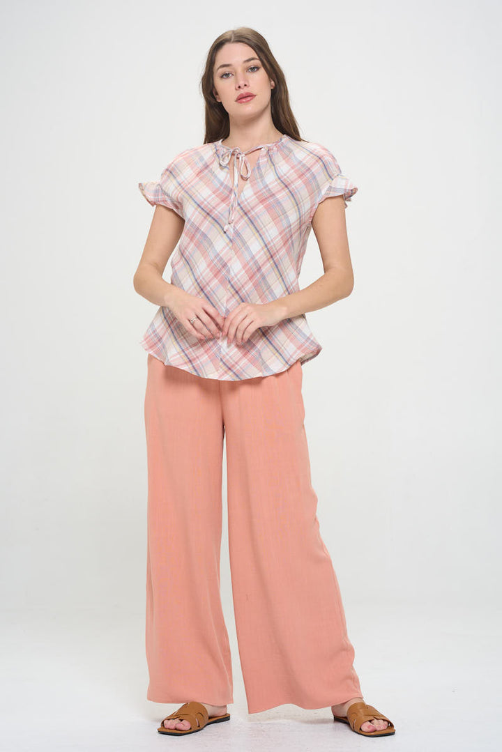 Plaid Short Sleeve V neck Top with Ruffle Sleeve and Tie-4