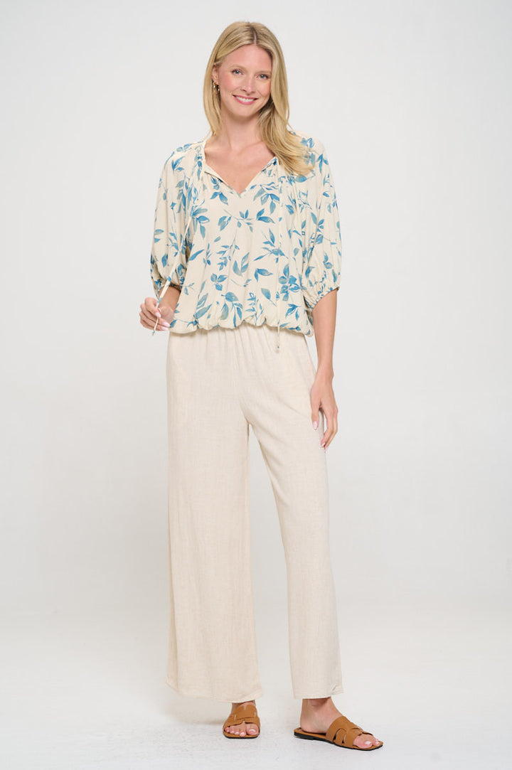 Floral Print V neck 3/4 Sleeve with Tie-4