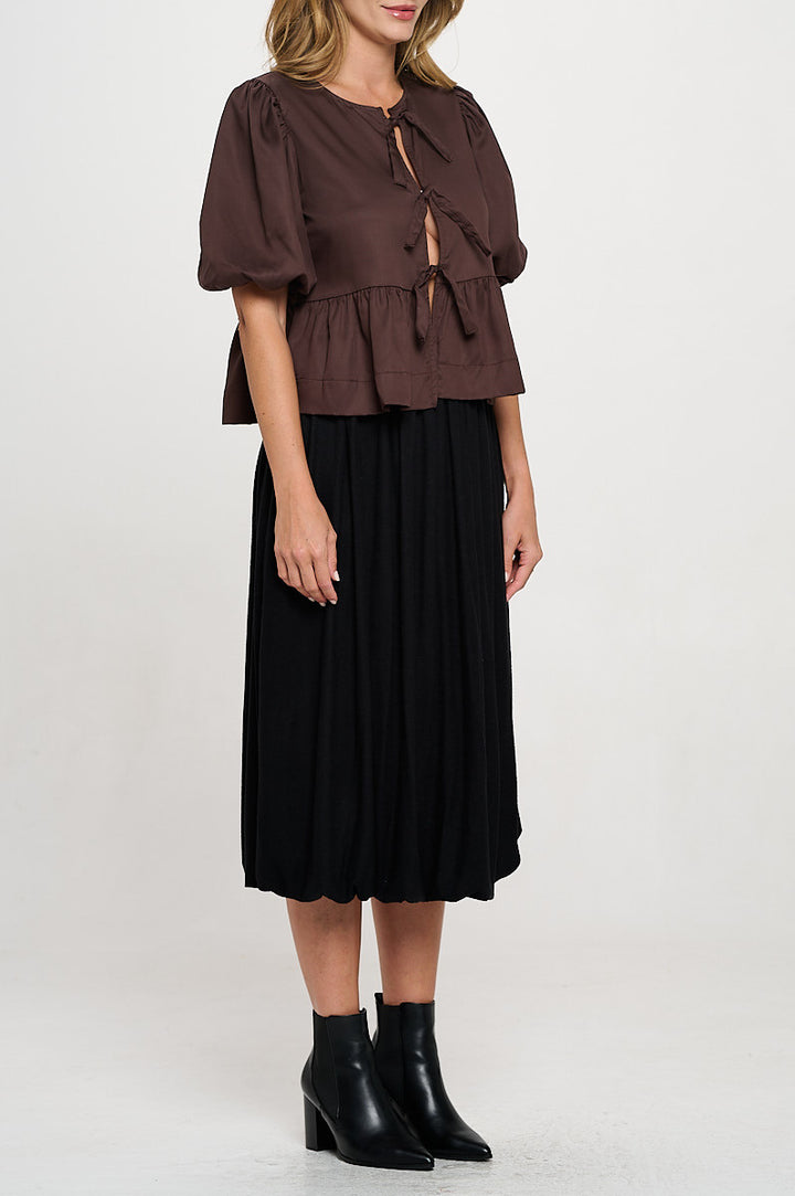 Tencel Puff Sleeve Top with Front Bow Detail-2