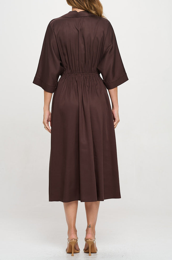 Tencel Collared V neck Midi Dress with Pockets-3
