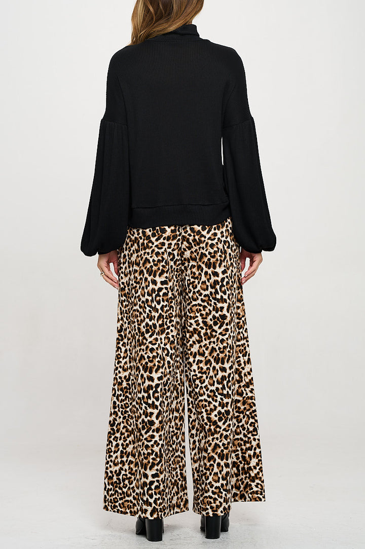 Rib Knit Turtleneck Top with Balloon Cuffed Sleeve-3