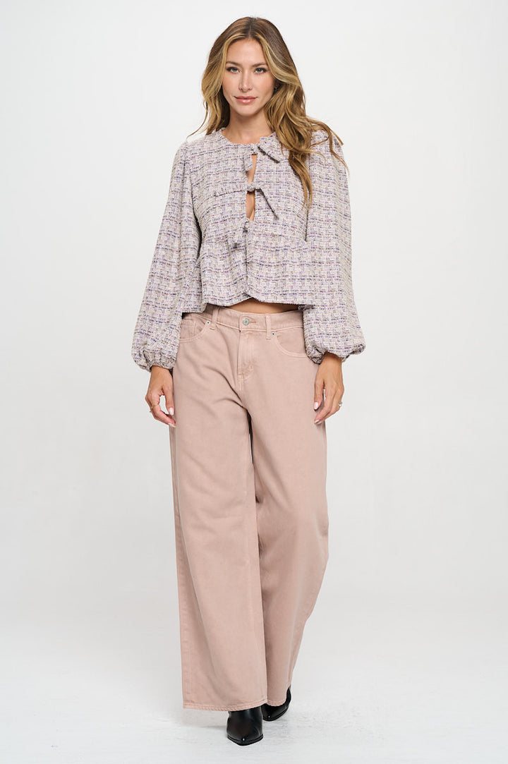 Textured Knit Long Balloon Sleeve Top with Open Front Tie Detail-4