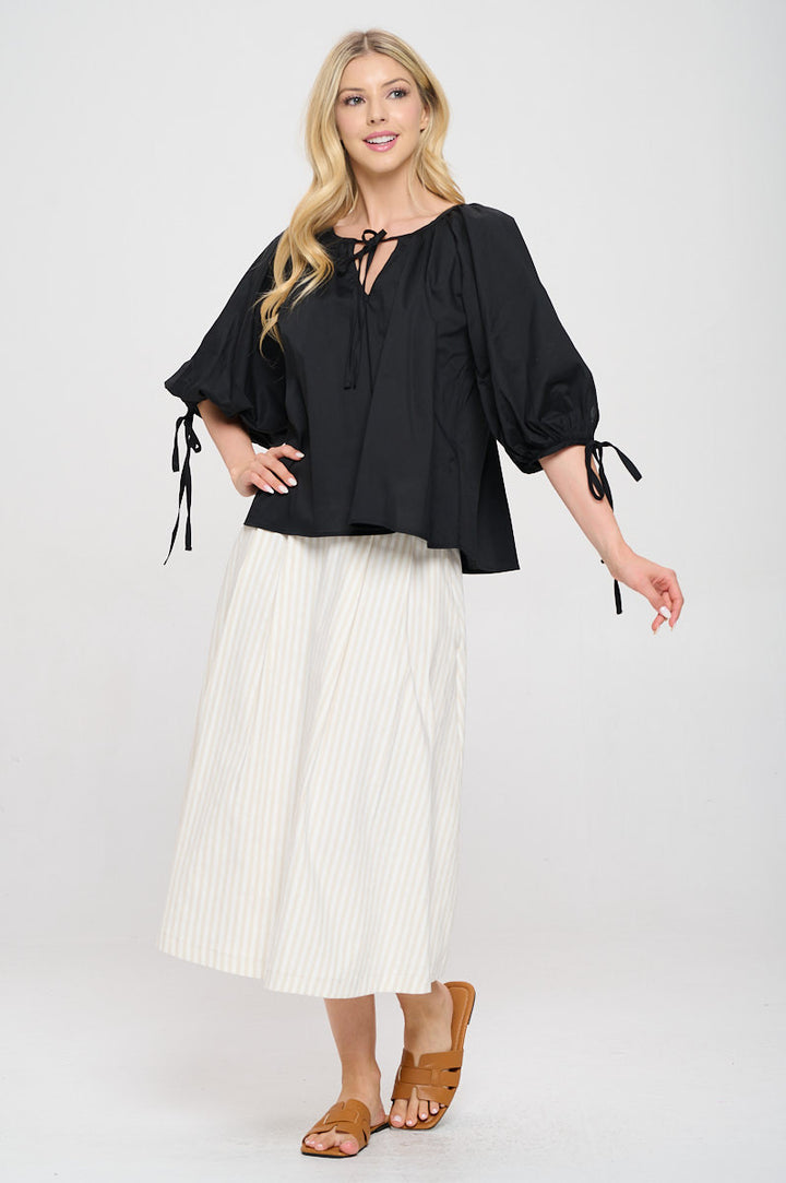 Cotton V neck Half Puff Sleeve with Tie-4