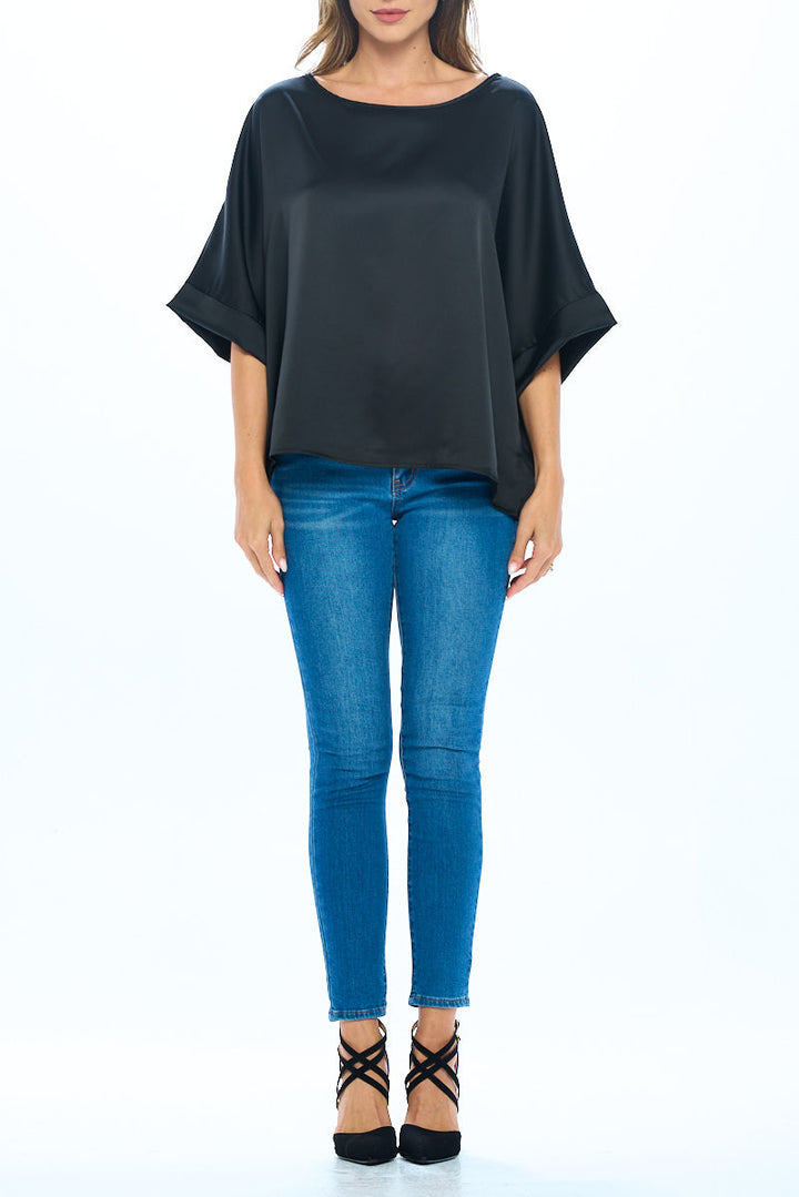 Stretch Satin Solid Round neck Oversize Top-4
