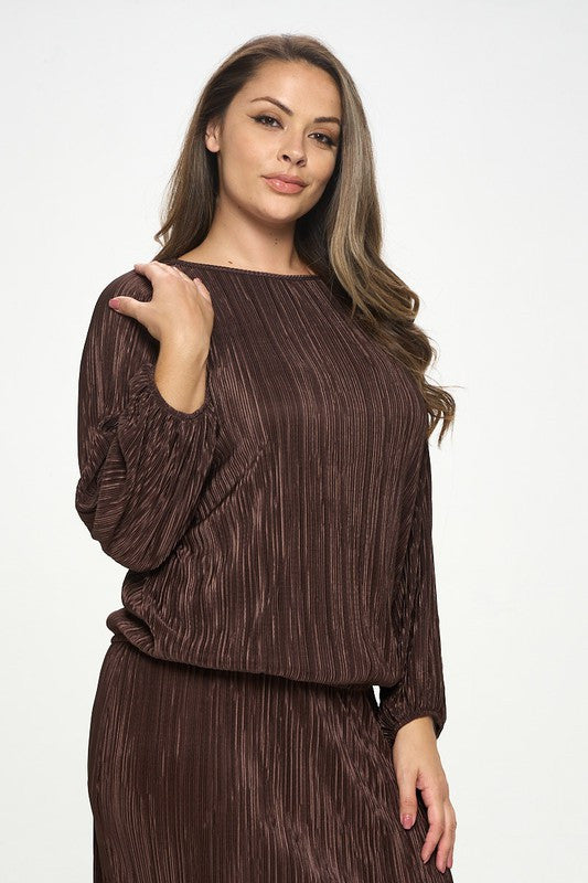 Plisse Solid Round neck Top with 3/4 Sleeve-2